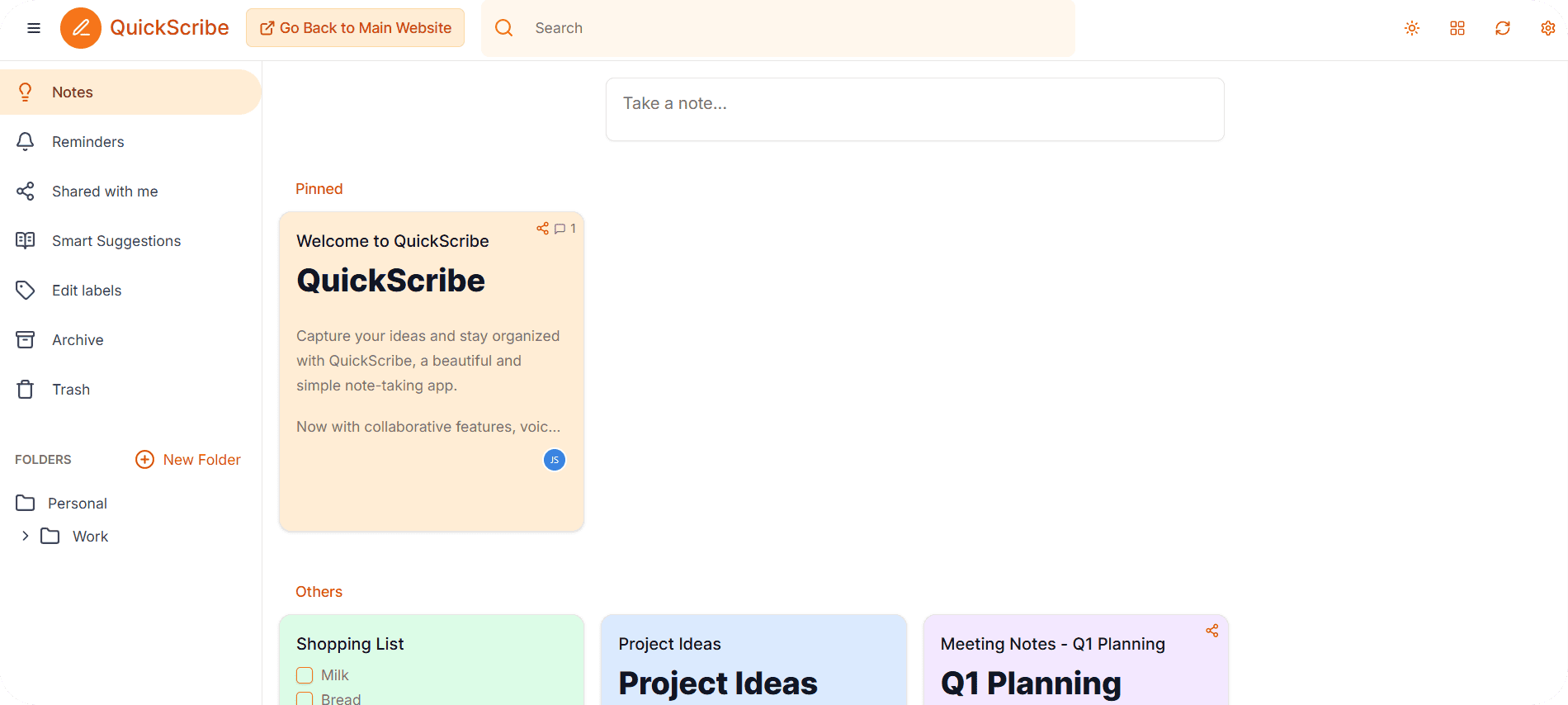 QuickScribe Note-Taking App UI